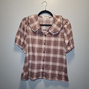 Eden & Olivia Burgundy Short Sleeve Button Up Blouse | Medium